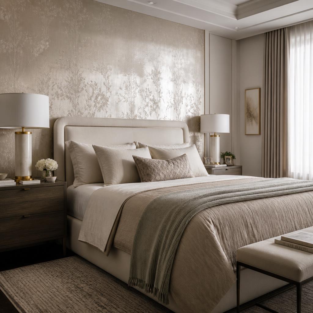 Elegant bedroom with grasscloth wallcovering