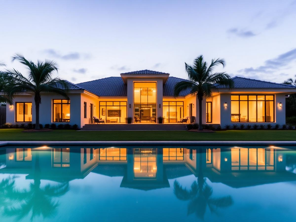 Modern villa reflected in an infinity pool at dusk